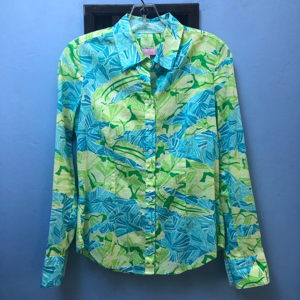 Lilly Pulitzer Size 0 Blue Green Long Sleeve Button Down Top EUC Gator Alley - Picture 2 of 6